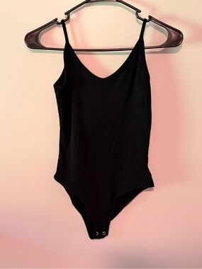American Eagle Outfitters Black Ribbed Spaghetti-Strap Bodysuit - V-Neck